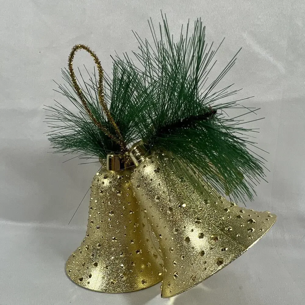 Vintage Gold Double Bumpy Bell Christmas Hanging Bow Pine Needles Greenery